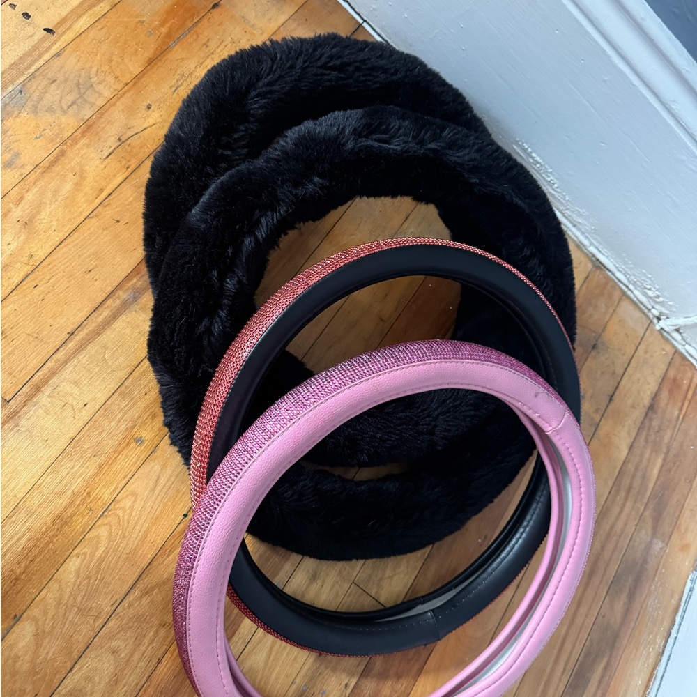 Black Faux Fur Steering Wheel Cover with Pink Accent